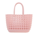 Pink woven hollow jelly tote bag with solid base and double handles for beach use - Pink