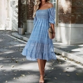 Floral square neck midi dress with elastic smocked bodice and tiered skirt for summer - S / Blue