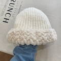 Winter chunky knit beanie for women featuring fluffy faux fur trim in cream white color - One Size / Milk White