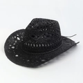 Handmade black hollow woven straw cowboy hat with wide brim for sun protection - Handmade Western Cowboy Hat - Black