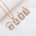 Elegant gold square rhinestone bridal jewelry set with necklace earrings and ring - Three-Piece Set / Square-White