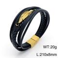 Bracciale multistrato in pelle nera intrecciata con ciondolo a piuma dorata e chiusura magnetica - Oro