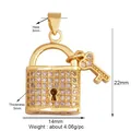 Detail of micro-pave zircon lock and key pendant with 22mm height and 14mm width - Zirconia Lock and Key / Gold