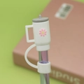 White silicone straw cover shaped like a cup with pink daisy pattern for 8-10mm straws - White Cup / 10mm