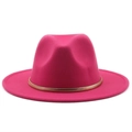Elegant hot pink fedora wool hat for women featuring a stylish gold metal chain band - M (56-58cm) / Rose Red