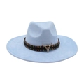 Light blue wide brim fedora hat with ethnic woven band and silver bull head - Colorful Bull Head Ornament / Light Blue