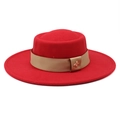 Detail of red wool fedora hat featuring a satin ribbon and golden bee accessory - M (56-58cm) / Red
