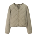 Women's diamond quilted cotton jacket with round neck and zipper in military green - S / Khaki