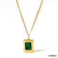 Golden stainless steel necklace featuring a rectangular green gemstone pendant - Green Zirconia Square Necklace(KDD042)
