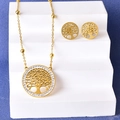 Golden Tree of Life jewelry set with turquoise necklace and earrings on white stand - Tree of Life