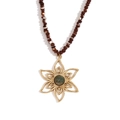 18K gold plated flower pendant necklace with green stone and brown beaded chain - Gold Brown