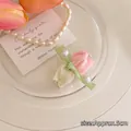 Pink tulip hair clip with pearls and fabric petals for elegant summer hairstyles - Pink and White Double Tulip Hair Clip