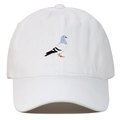 Detailed view of pigeon embroidery on a white vintage washed cotton baseball cap - White