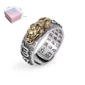 Anello Pixiu vintage in argento con accenti dorati, incisione Sutra del Cuore e scatola - Stile Pi Xiu Bicolore / Con Confezione Regalo / Bicolore Oro e Argento