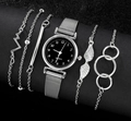 Silver mesh band watch with black dial and four matching bracelets set for women - 5Pcs Set 1 Watch and 4 Bracelets