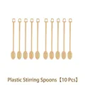 Lot de 10 cuillères à mélange en plastique beige avec long manche et tête plate - Cuillères à Mélanger 10pcs
