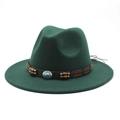 Detail of dark green wide-brim fedora featuring turquoise accents and a brown leather band - M (56-58cm) / Dark Green