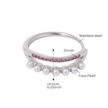 Bague double rangée en acier argenté avec zircon rose et perles blanches, taille 7 - US 7 / Argent/Zirconium Rose