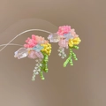 Detail of handmade beaded flower earrings featuring pink petals and yellow core - 137# Silver Needle - Colored