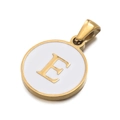 Golden round stainless steel pendant with white enamel featuring the letter E - Letter E