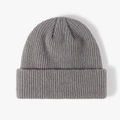 Classic grey ribbed knit beanie hat with a wide fold-over cuff for winter warmth - One Size / Medium Grey