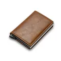 Brown leather RFID blocking card holder with automatic pop-up aluminum mechanism - Brown