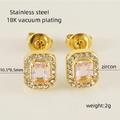 Square pink zircon stud earrings with 18K gold plated stainless steel and halo diamonds - Gold with Pink Zirconia