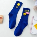 Fashionable blue mid-calf ribbed socks with yellow smiley faces and letter patches - One Size / Blue