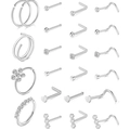 Lot de 23 piercings de nez en acier inoxydable avec clous argentés et cristaux variés - Ensemble de 23 Pièces / Argenté