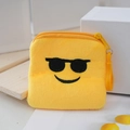 Yellow plush square coin purse featuring black sunglasses smiley face embroidery - Style 9