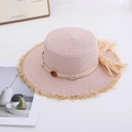 Pink straw sun hat with lace-up shells and fringe brim for summer beach vacation - M(56-58cm) / Pink