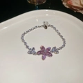 Silver bracelet with pink zircon flower and white butterfly charms on ceramic plate - Pink Flower Bracelet (171#)