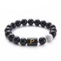 10mm black agate and white turquoise beaded bracelet with golden letter P charm - Letter P
