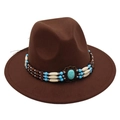 Detail of bohemian ethnic band with turquoise beads on a brown wool fedora hat - One Size / Coffee