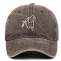 Macro detail of high-quality wolf head embroidery on a vintage washed cotton baseball cap - Adjustable / Coffee