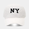 Close-up of black NY embroidery on white fleece baseball cap with soft texture - Adjustable / NY White