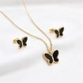 Elegant butterfly jewelry set with necklace and earrings in black and gold stainless steel - Black