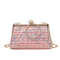 Elegante borsa in tweed rosa con paillettes, manico in strass dorati e tracolla a catena - Rosa