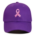 Close-up of purple baseball cap featuring a detailed pink ribbon embroidery on front - Adjustable / Purple