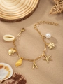 Gold ocean bracelet featuring seashell, starfish, and letter A charm with white pearl - Letter A(A)