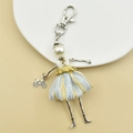 Detail of handmade doll keychain with blue striped skirt, pearl head and mini bicycle charm - 10-Blue White Stripe Doll