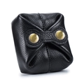 Mini black soft leather coin purse with double gold snaps and pebbled texture - Black