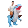 Detail view of adult blue inflatable dinosaur rider costume for Halloween party events - Riding A Terosaur / One Size