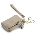 Taupe genuine leather coin purse with lychee texture and dual zipper compartments - Trench Gray
