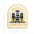 Detail view showing dimensions of a Western cowboy embroidered patch with lyric text - No.6 MAMAS Slogan