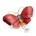 Elegant gold butterfly brooch with red enamel wings and a white teardrop pearl pendant - Style 7/Red Enamel Pearl