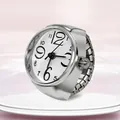 Silver alloy finger watch with white round dial and black Arabic numerals on elastic band - White