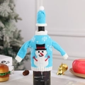 Blue knit Christmas wine bottle cover featuring a snowman pattern with a mini hat - Snowman / Sky Blue/White
