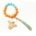 Western style cow beaded keychain with orange and blue beads and leather tassel - 2 Cactus