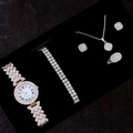 Luxury gold-tone women's quartz watch and rhinestone jewelry 5-piece gift set in black box - Pave Rhinestone 5-Piece Set / Rose Gold